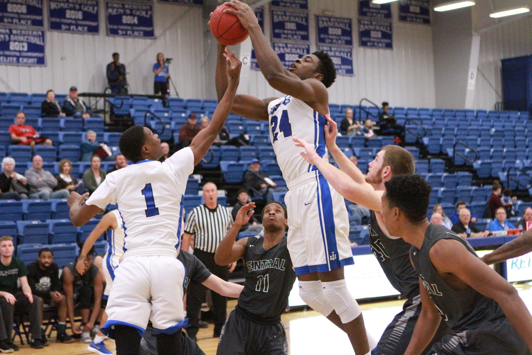 Emmanuel Ugboh secured several rebounds as the Reivers limited the Vikings of Missouri Valley to one shot possessions all evening long in route to their 73-48 victory at the Roadrunner Tip-Off Classic