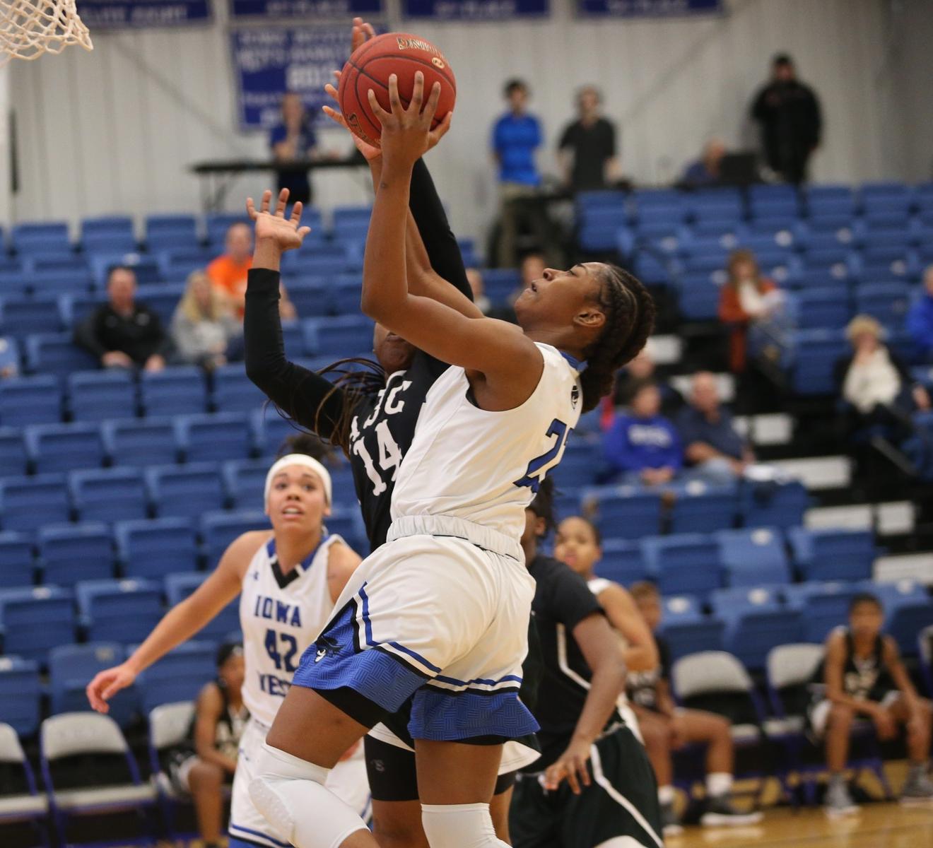 Sophomore Jazza Johns lead four Reivers in double-figures with 26 points and 13 rebounds  as #18 Iowa Western outscored Arkansas Baptist 90-67.